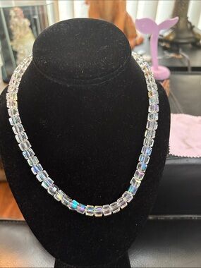 Iridescent Cube Crystal Bead  Necklace ( Aurora Borealis Coating ) Rainbow